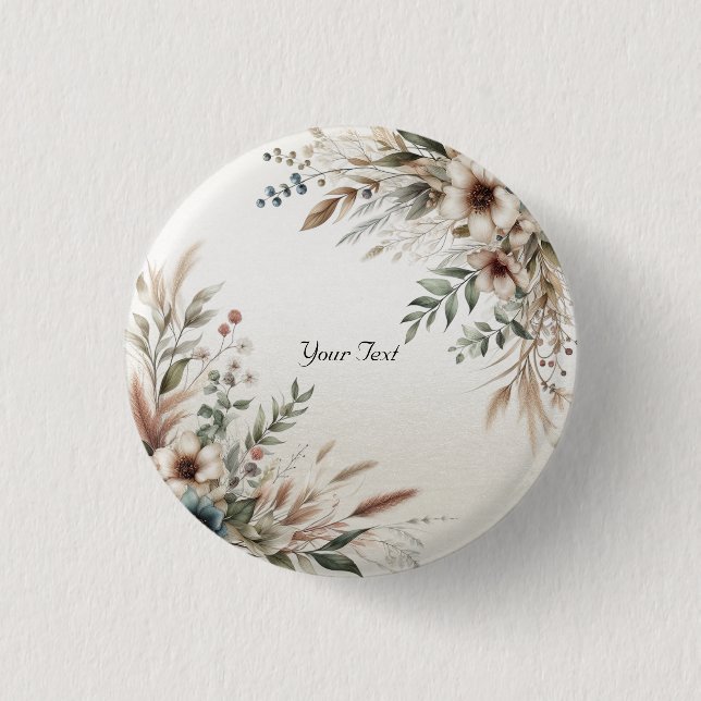 Watercolor Ivory Blue Flowers Button (Front)