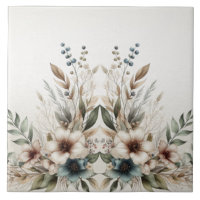Watercolor Ivory Blue Flowers Ceramic Tile
