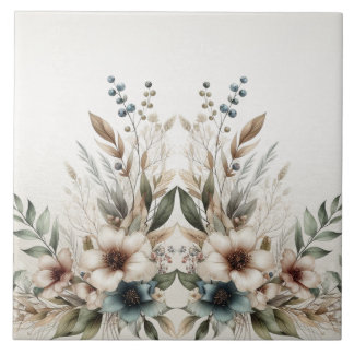 Watercolor Ivory Blue Flowers Ceramic Tile