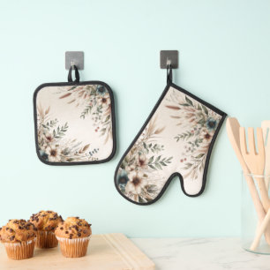 Watercolor Ivory Blue Flowers Oven Mitt & Pot Holder Set