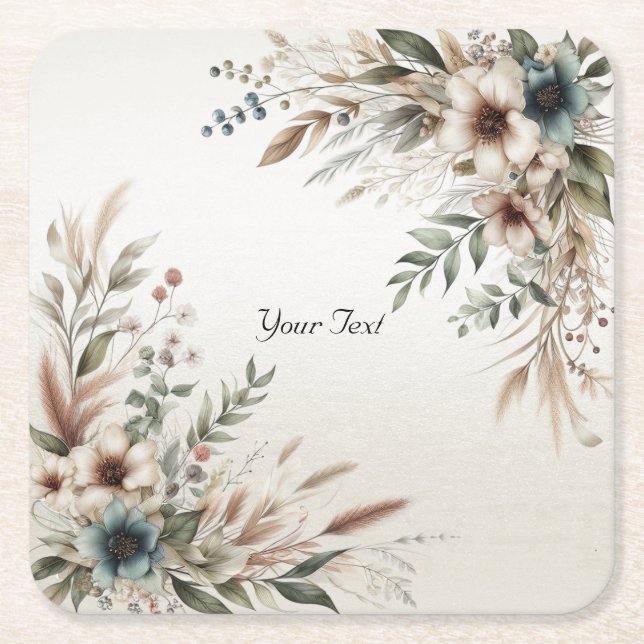 Watercolor Ivory Blue Flowers Paper Coaster (Front)