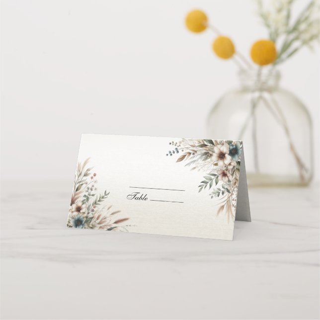 Watercolor Ivory Blue Flowers Place Card (Front)