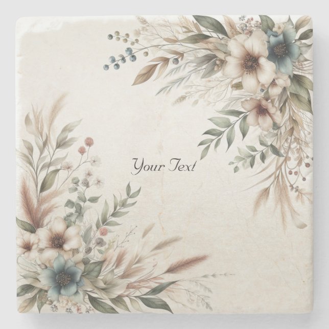 Watercolor Ivory Blue Flowers Stone Coaster (Front)