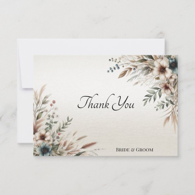 Watercolor Ivory Blue Flowers Thank You Card (Front)
