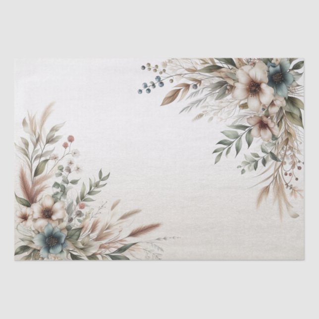 Watercolor Ivory Blue Flowers Tissue Paper (Front)