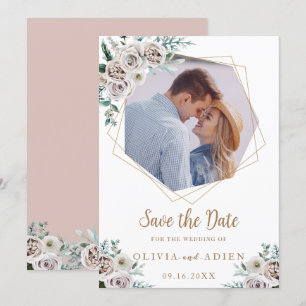 Watercolor Ivory Floral Geometric Photo  Save The Date