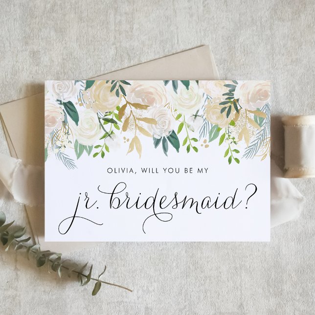 Watercolor Ivory Floral Junior Bridesmaid Proposal Card (Floral jr bridesmaid card with watercolor ivory flowers, greenery, and faux gold foil accent.)