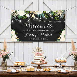 Watercolor Ivory Floral String Lights Wedding Banner