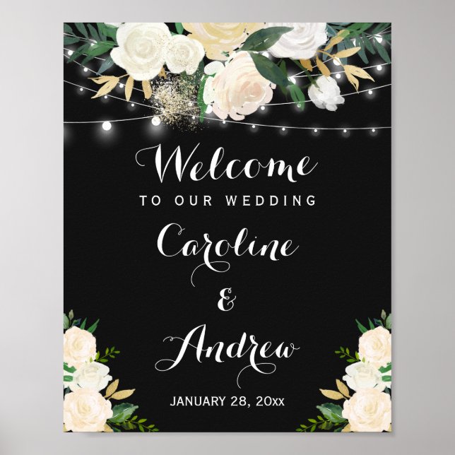 Watercolor Ivory Floral Wedding Welcome Sign (Front)