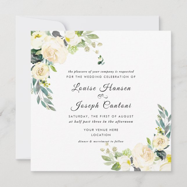 Watercolor Ivory Flowers Blue Gum Eucalyptus Invitation (Front)