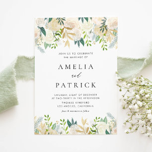 Watercolor Ivory Flowers Garland QR Code Wedding Invitation