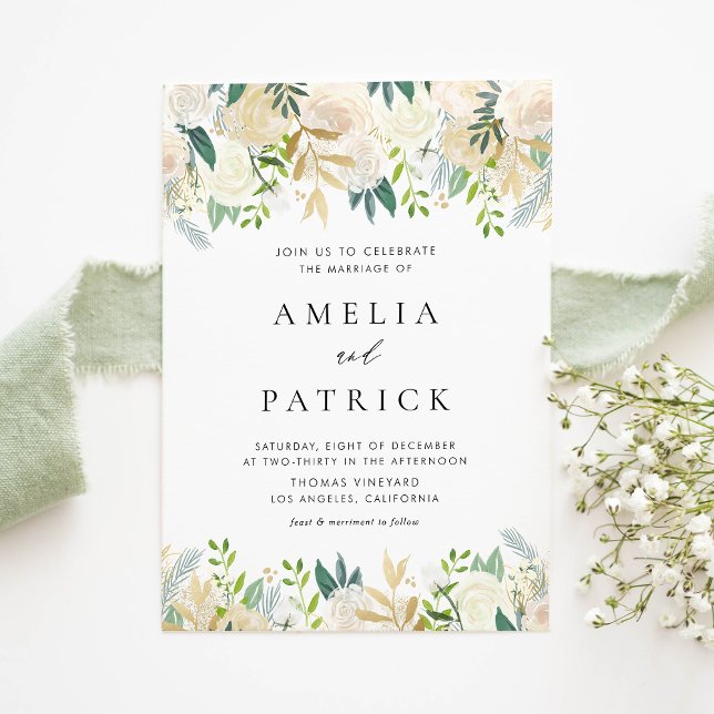 Watercolor Ivory Flowers Garland QR Code Wedding Invitation (Elegant QR code wedding invitation with ivory florals, greenery, and faux gold foil accents.)