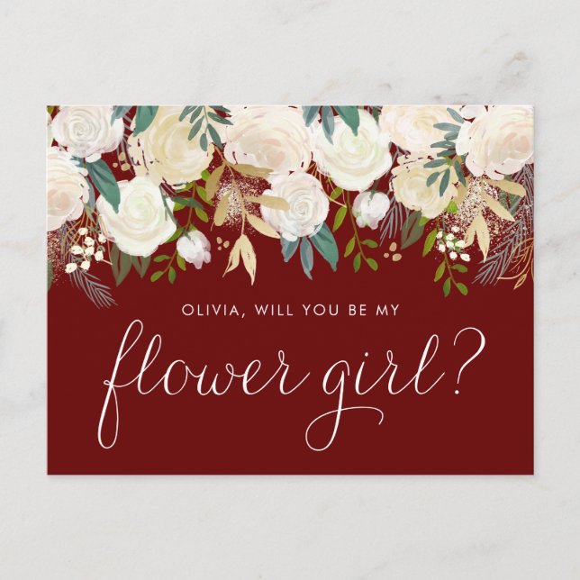 Watercolor Ivory Flowers Garland Red Flower Girl Invitation Postcard (Front)