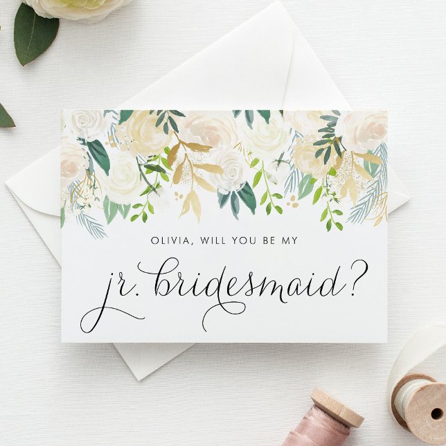 Watercolor Ivory Flowers Junior Bridesmaid Card (Floral junior bridesmaid card with watercolor ivory flowers, greenery, and faux gold foil accent.)