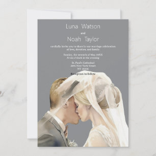 Watercolor ivory grey couple photo Wedding Invitation