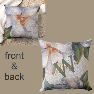Watercolor Ivory Magnolia Name Monogram Cushion