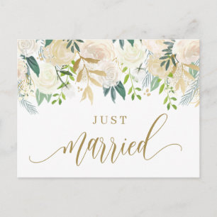 Watercolor Ivory Peony and Rose Just Married Announcement Postcard