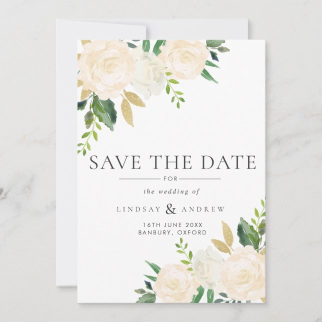Watercolor Ivory Roses Wedding Save The Date (Front)