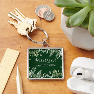 Watercolor Ivy Ferns Sage Family Cabin Green Key Ring