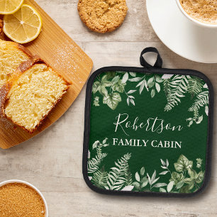 Watercolor Ivy Ferns Sage Family Cabin Green Pot Holder