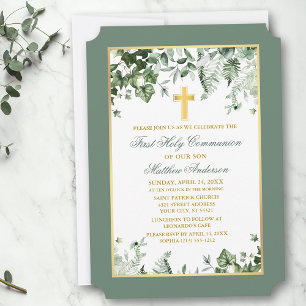Watercolor Ivy Ferns Sage Gold Frame Communion Invitation