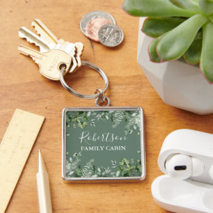 Watercolor Ivy Ferns Sage Green Family Cabin Key Ring