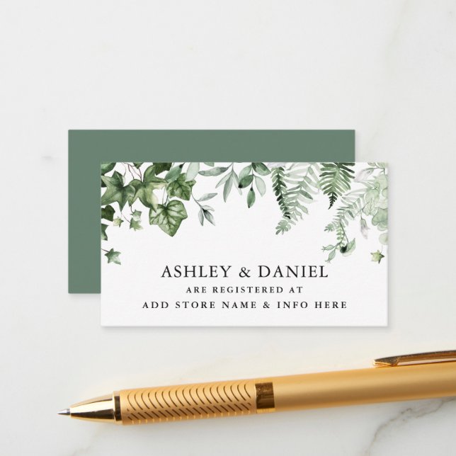 Watercolor Ivy Ferns Sage Green Wedding Registry Enclosure Card (Front/Back In Situ)