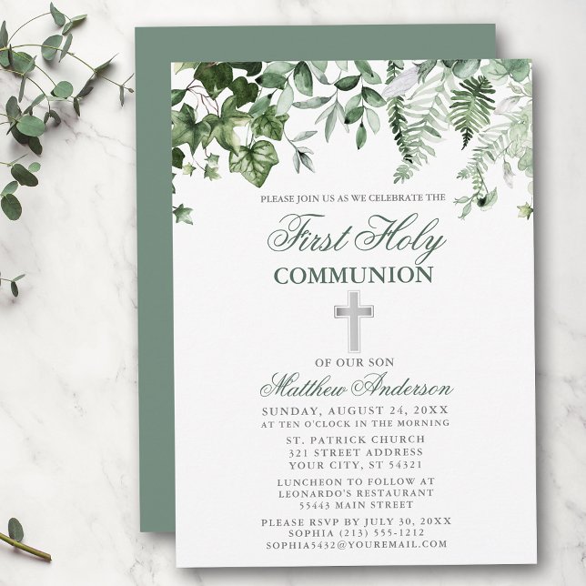 Watercolor Ivy Ferns Sage Silver First Communion Invitation (Customize to change text color, text style or color of back of card.)