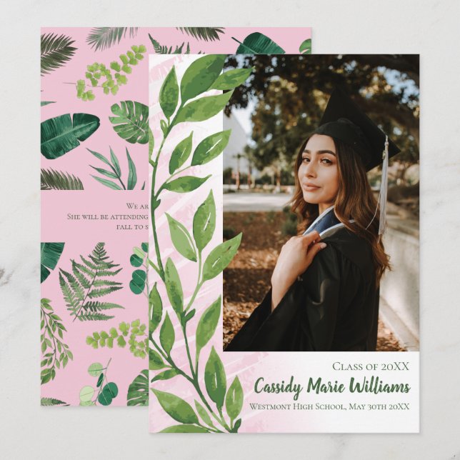 Watercolor Ivy Green Pink Plant Graduation Invitation (Front/Back)