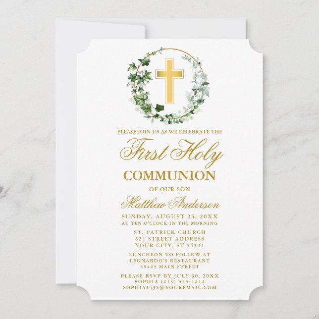 Watercolor Ivy Wreath First Communion Gold Invitation (Front)
