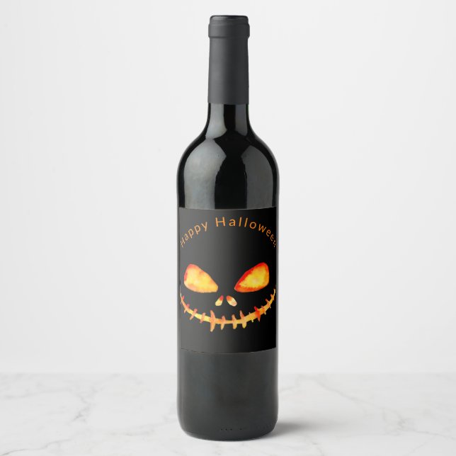 Watercolor Jack O' Lantern Face Halloween  Wine Label (Front)
