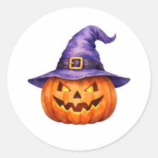 Watercolor Jack-O-Lantern in Purple Witch Hat Classic Round Sticker