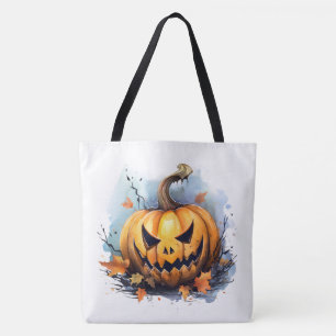 Watercolor Jack-o-lantern with Autumn Leaves Tote Bag