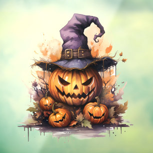 Watercolor Jack-o-Lantern with Witches Hat Window Cling