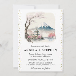Watercolor Japanese Fuji and Pagoda Scenic Wedding Invitation