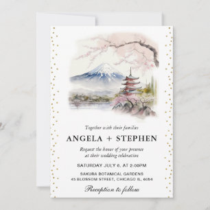 Watercolor Japanese Fuji and Pagoda Scenic Wedding Invitation