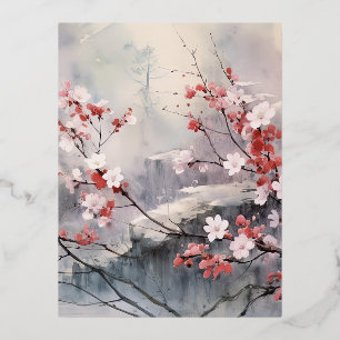 Watercolor Japanese Landscape Background Foil Holiday Postcard