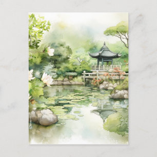 Watercolor Japanese Landscape Background Holiday Postcard