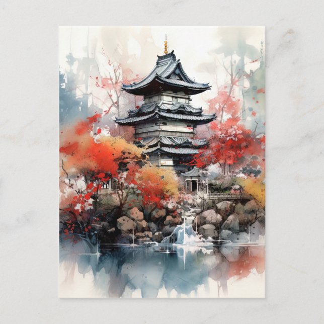 Watercolor Japanese Landscape Background Holiday Postcard (Front)