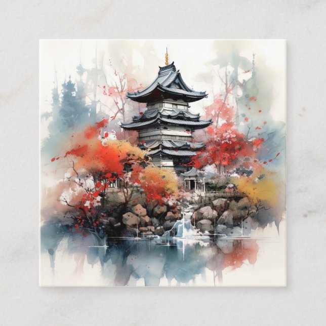 Watercolor Japanese Landscape Background Square Business Card (Front)