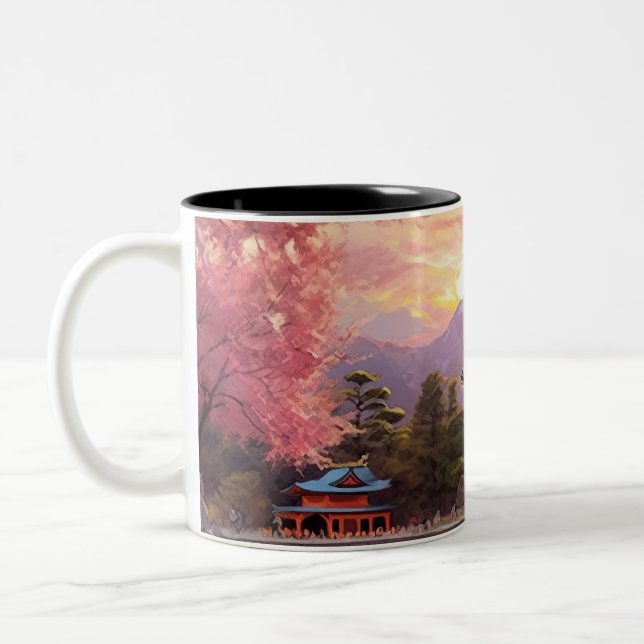 Watercolor Japanese Landscape Background Two-Tone Coffee Mug (Left)