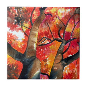 Watercolor Japanese maple tree art Tile
