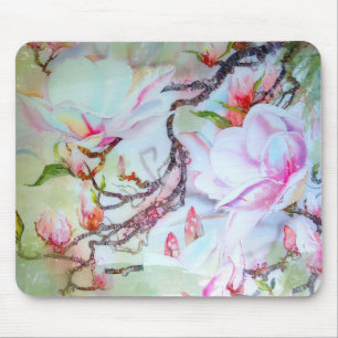 Watercolor Japanese Orchids White Pink Floral Mouse Mat