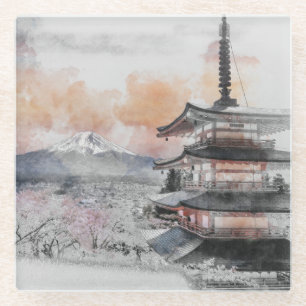Watercolor Japanese Pagoda & Fuji  Glass Coaster