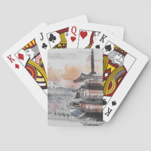 Watercolor Japanese Pagoda & Fuji Playing Cards