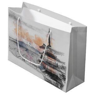 Watercolor Japanese Pagoda & Mount Fuji Scenic  Large Gift Bag