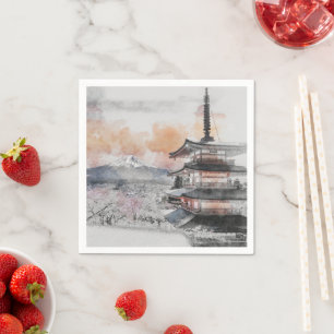 Watercolor Japanese Pagoda & Mount Fuji Scenic  Napkin