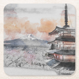 Watercolor Japanese Pagoda & Mount Fuji  Square Paper Coaster