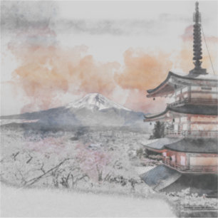 Watercolor Japanese Pagoda & Mt. Fuji 