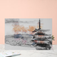 Watercolor Japanese Pagoda & Mt. Fuji